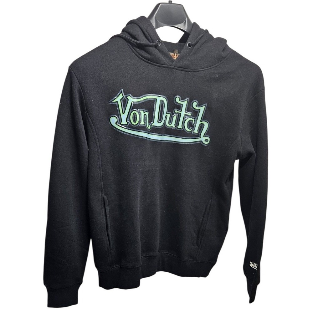 Von Dutch NWT Mens Black Hoodie Raised Mint Green Logo Graphic Sweatshirt Medium